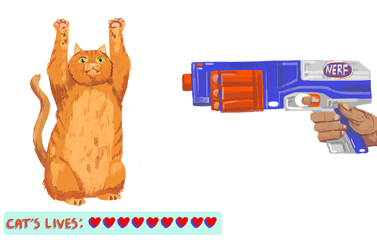 The cat with nine lives put her paws up when confronted with a Nerf (neuf) gun.