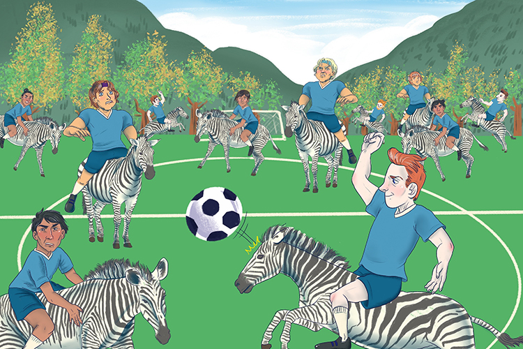 The home football teams eleven players rode around the pitch on zebras (onze).