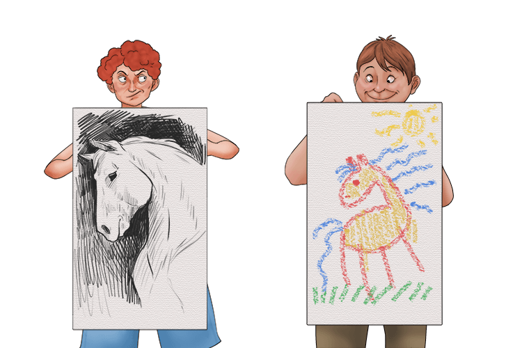 I used a pencil to draw, but he used a crayon (crayon).