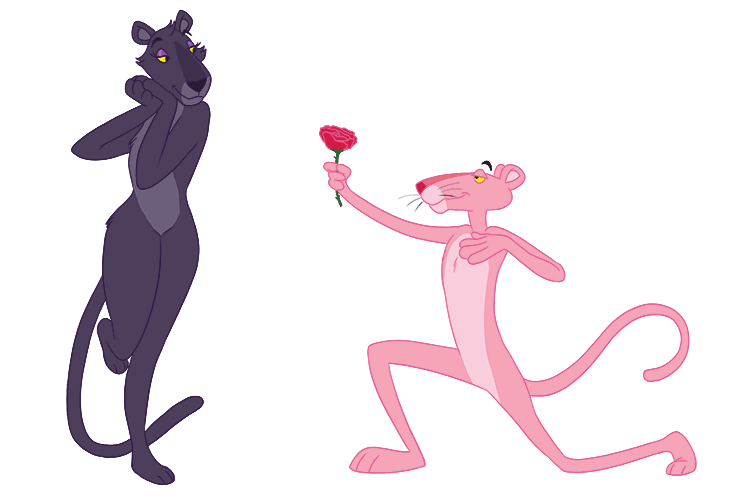 The pink panther kneeled down and gave her a rose (rose).