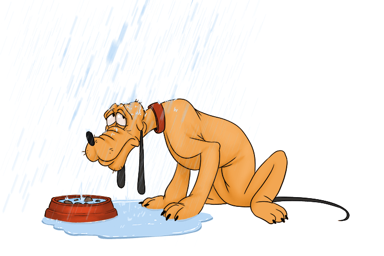 It always rains on Pluto's head when he eats (pluie).