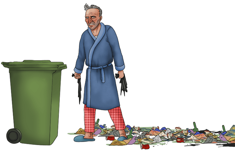 The rubbish went everywhere because the awful bin bags weren't durable (ordures).