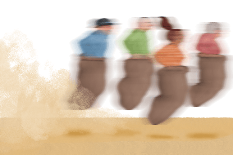 Across the sand, the sack race went by in a blur (sable).