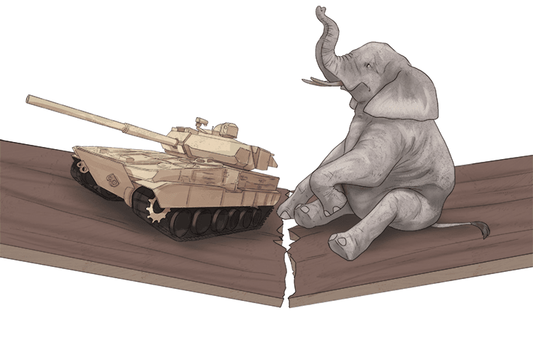 The shelf wasn't strong enough for the elephant and the tank to share (étagère) it.