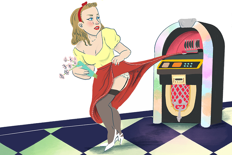 Her skirt became snagged on the jukebox (jupe).