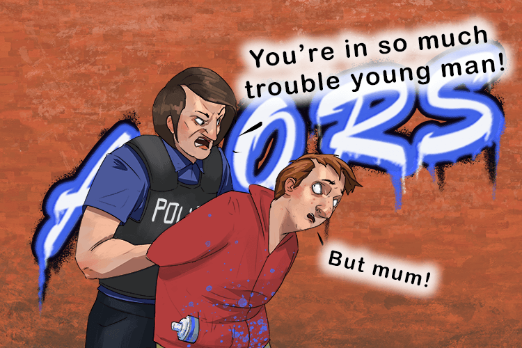 "You're in so much trouble because you broke a law (alors)."