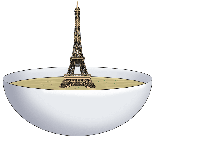 In the bowl of soup was a model of the Eiffel Tower.