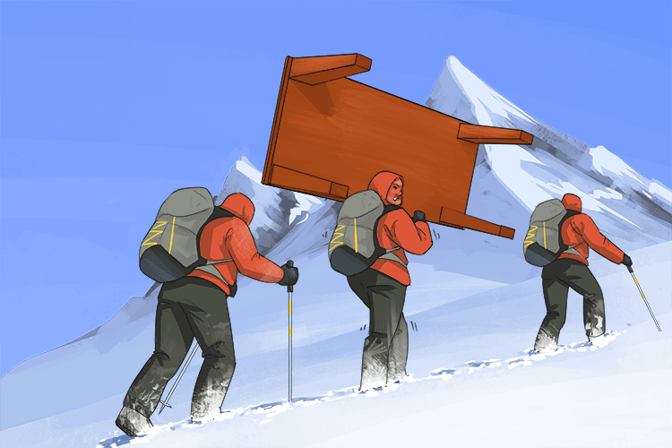 "Can we stop? I need a rest from carrying this table (arrêter)"