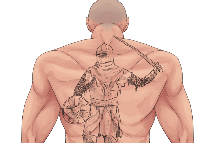 My tattoo was a tattered warrior, large (tatouage) across my back.