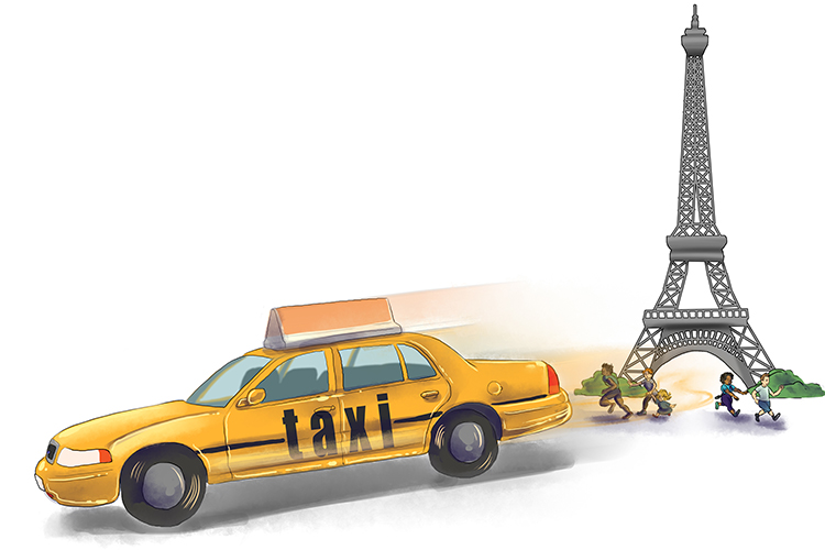 The taxi sped through the Eiffel Tower, causing crowds of people to run.
