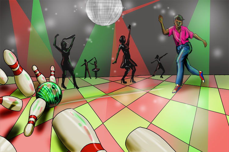 We played ten pin bowling on the disco (dix) dancefloor.