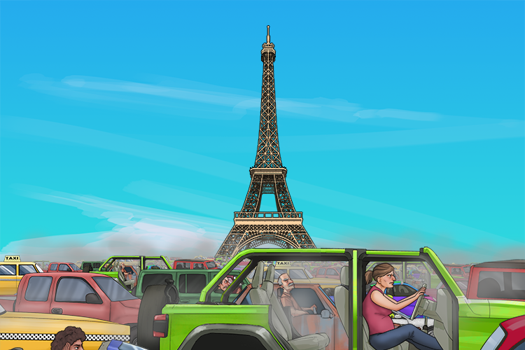There was a lot of traffic around the Eiffel Tower.