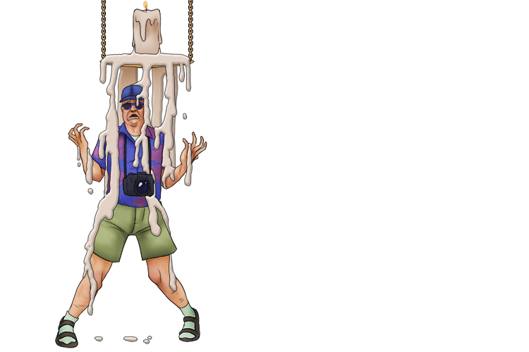 The candle wax had dripped all over the sightseer (cire).