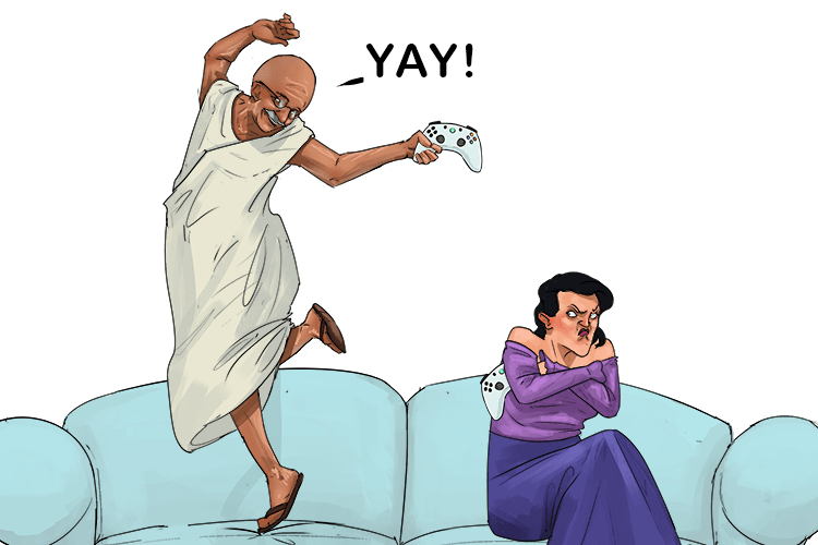 When he wins a game, Gandhi shouts "Yay!" (gagner)