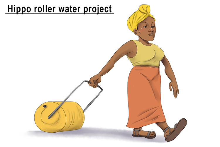 Instead of carrying five gallons of water on your head, this rolling plastic container allows you to move 25 gallons a lot more easily from a water well to your village.