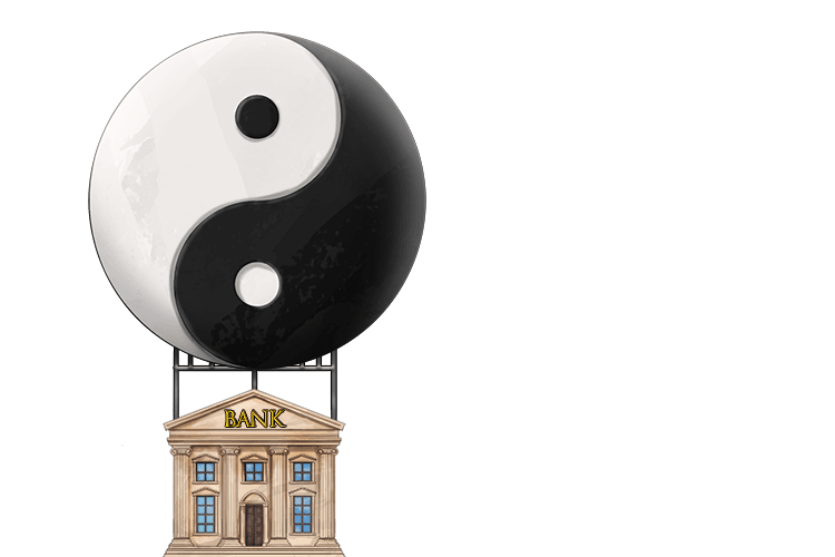 This bank has a giant yin and yang sign hung (yin-hung) above it.