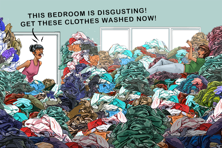 There were dirty clothes all over his bedroom, so his mum told him to do some washing (wah-shi)