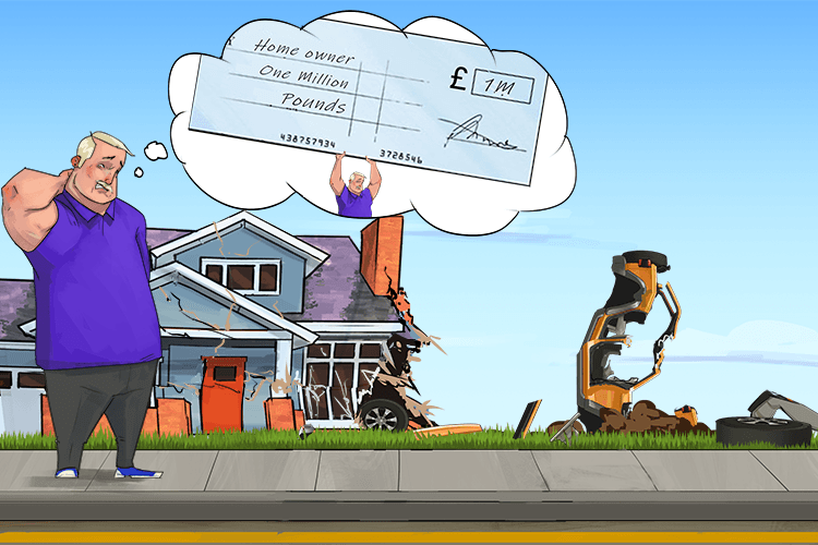 "I'll have to write a big cheque to fix this". His jeep was in pieces after driving through a house (jee-pee-ou)