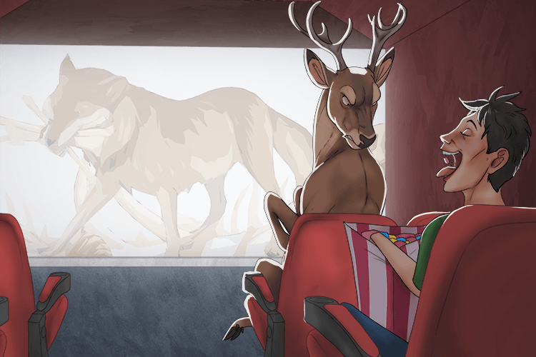 At the cinema, the deer was saying "you are annoying (dee-en ying you-en) me with your noisy sweets."