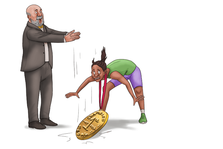 As the first to complete the race, she won the champion's medal which was hung (wuhn-chung) around her neck.