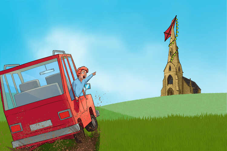 Drive to that kite stuck on the church (kye-chur) in the distance