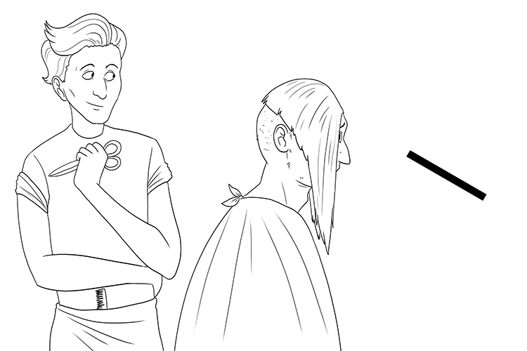 The barber cut his hair at a steep, downward angle.