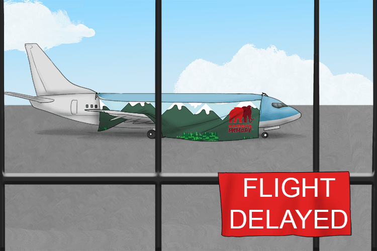 The flight was delayed as they hung a banner (hung-ban) on the plane.