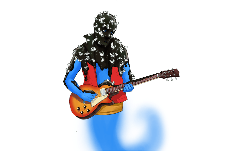 The guitar playing genie was tarred (jee-ta) and feathered