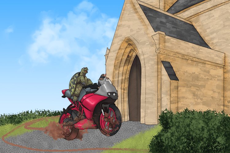 The motorbike was ridden around by the mole and the tortoise around the church (moh-tor-cher).
