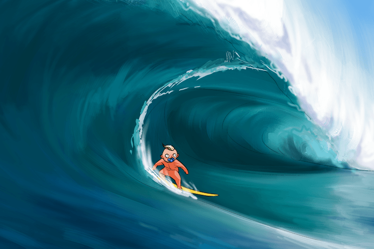 On the ocean there are some very high waves that young (hi-yung) kids love to surf