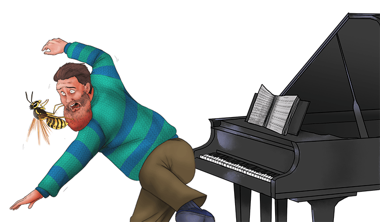 While playing piano, this guy was stung on the chin (gung-chin).