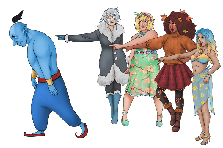 The four seasons pointed at the genie and jeered (jee-jeer).