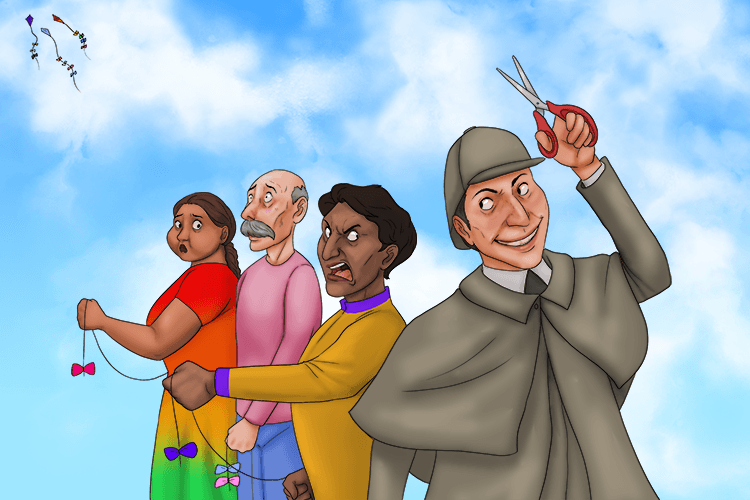 As they were about to start the kite competition, Sherlock (kie-shir) cut all the strings.
