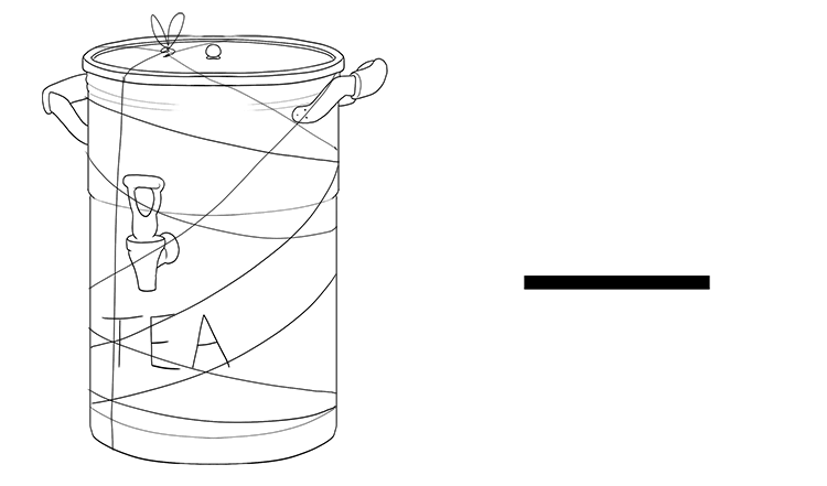 The tea urn was all tied up with string.