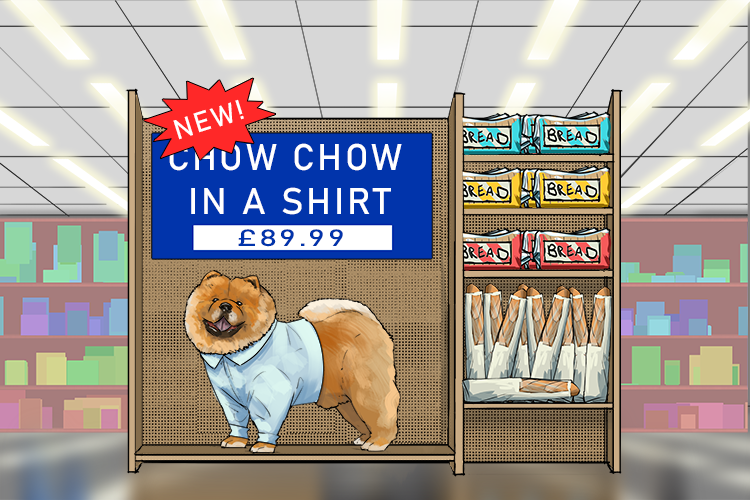 At this supermarket you can even buy a chow chow wearing a white shirt (chow-ser)