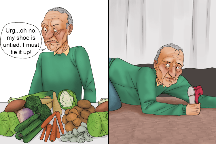 To avoid eating vegetables, I pretended my shoe was untied (shoo-tai), then crawled away.