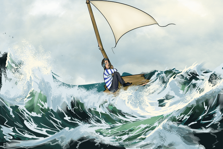 The waves were so powerful that the sailor said "I should have bought a sturdier boat!" as he clung (bor-lung) on