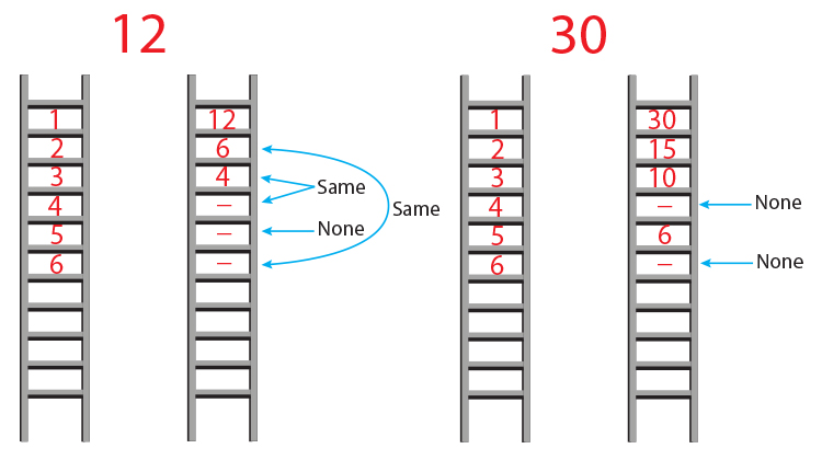Factorise 12 and 30 using the ladder method and take the factors forward