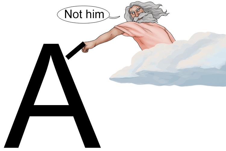 Think of a hand pointing down from the sky and someone saying NOT him.