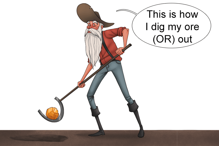 Think of U as a cup or spade that digs gold ore (OR) out of the ground.