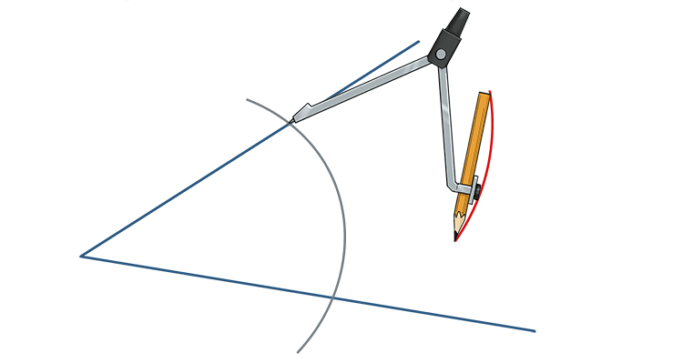 Place the compass on one of the points where the arc intersects the line, then draw a smaller arc in the middle
