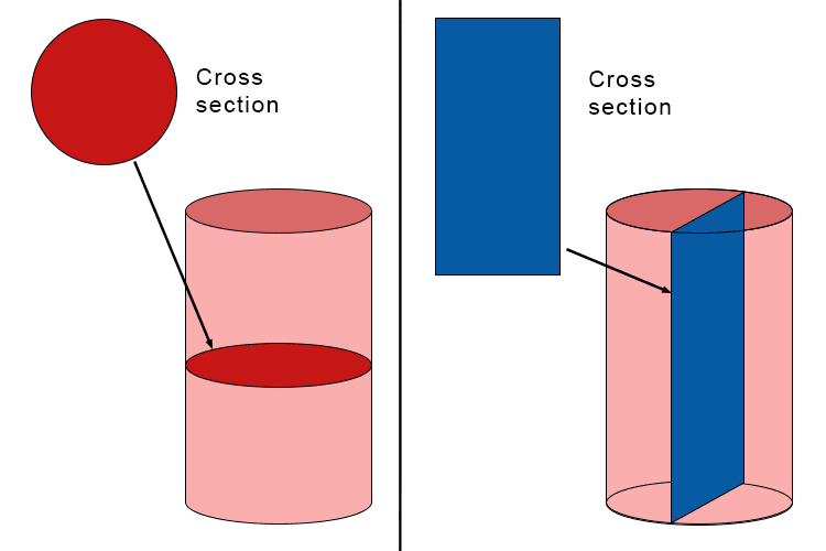 if you slice straight across a cylinder (like cutting a tin can horizontally), you get a circle. If you slice it vertically, you get a rectangle