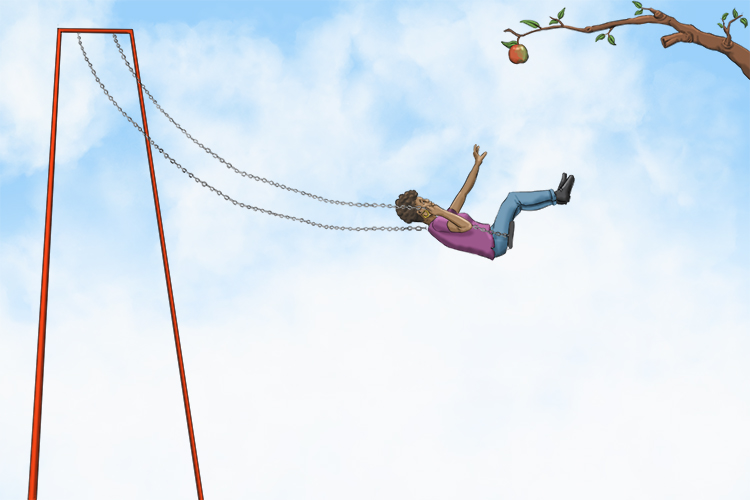 Imagine the playground swing being so big that you could swing so high into the sky, you could pick an apple from the highest branch of the apple tree. Be careful not to fall!