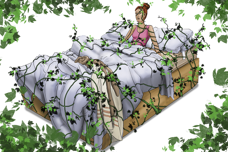 Imagine someone sleeping in a bed that has been taken over by ivy.