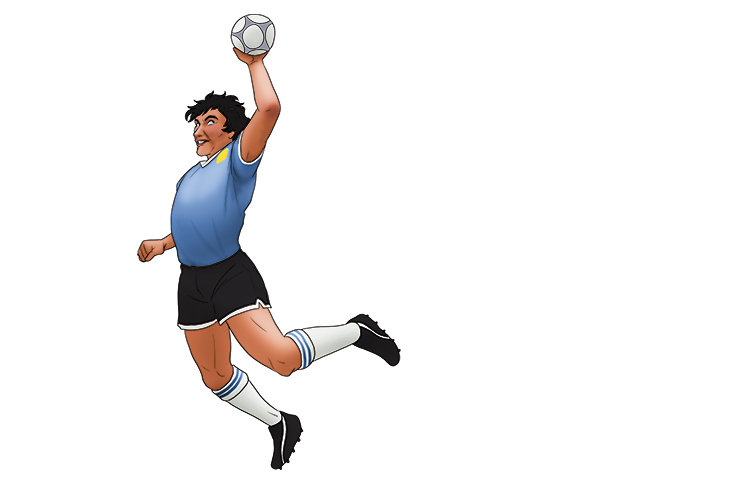 He (e) was supposed to use his head (ed), but the god of football, Maradona, used his hand (and) instead.