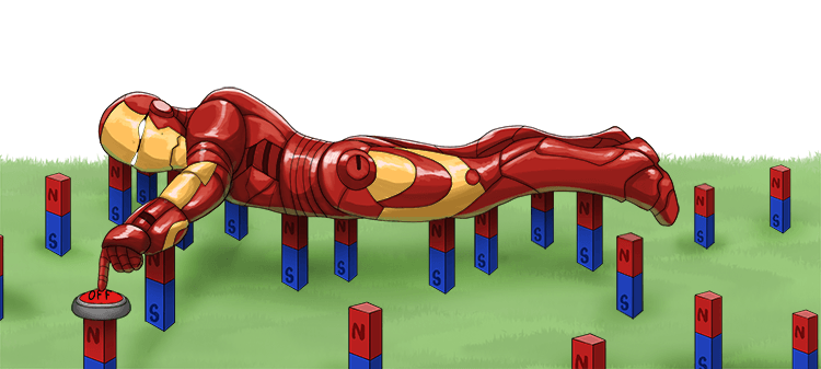 Iron man was permanently attached to the magnets (permanent magnet) in the field and the off buttons wouldn't work (it can not be turned off).