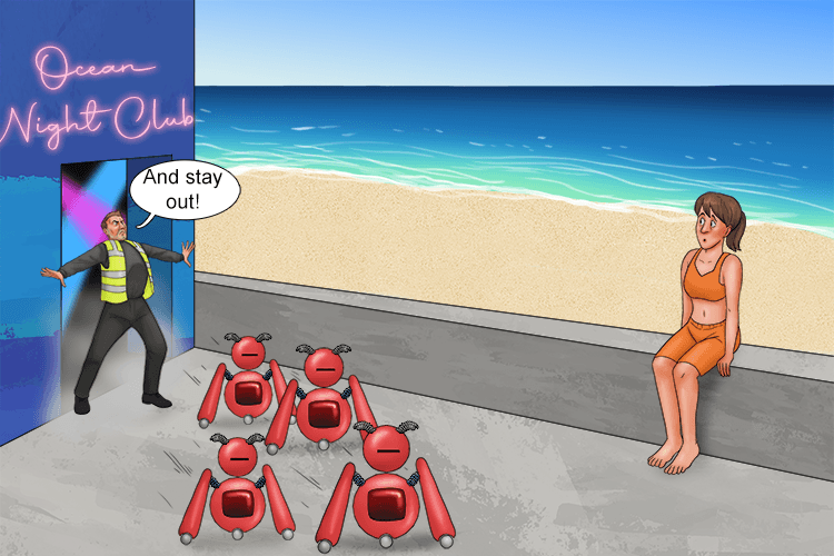 I sat on the bay wall to (beta) watch the electronic robots (electron) be emitted from the night club (electrons emitted).