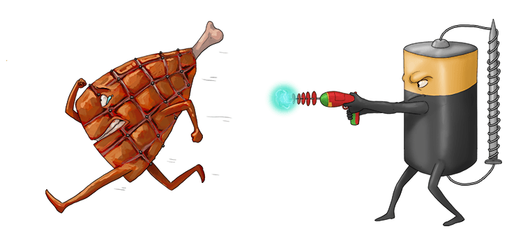 The gammon joint raced (gamma ray) away from the electronic magnet holding a radiation (electronic magnetic radiation) gun.