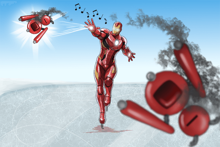 Iron man skates on ice and sings (ionising) while removing electronic (removing electrons) robots.
