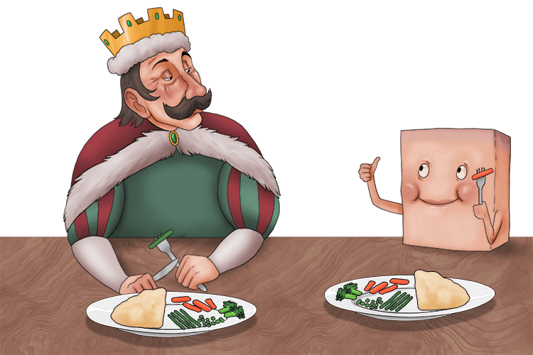 The king had good etiquette (kinetic energy) and moved half the mash and vegetables to the square (half mass and velocity) man's plate.